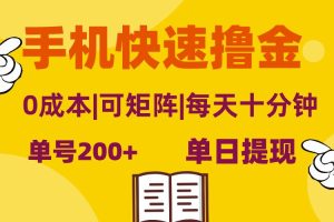 (13090期)手机快速撸金,单号日赚200+,可矩阵,0成本,当日提现,无脑操作