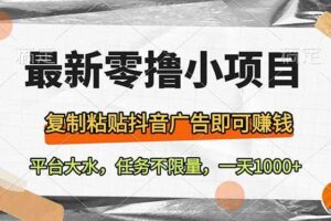 (14230期)最新零撸小项目,复制粘贴抖音广告即可赚钱,平台大水,任务不限量,一…