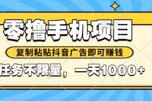 （14752期）2025年最新手机零撸小项目，复制粘贴抖音广告即可赚钱，平台大水，任务…