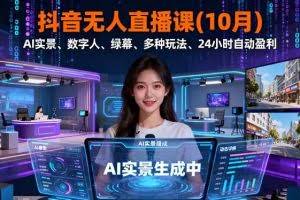 （16355期）抖音无人直播课(10月)，AI实景、数字人、绿幕、多种玩法、24小时自动盈利