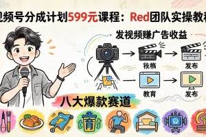 （18088期）视频号分成计划599元课程：Red团队实操教程，发视频赚广告收益，八大爆款赛道全掌握