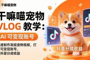 （17888期）干嘛喵宠物 VLOG 教学：AI 快速制作高级宠物视频，打造可变现账号，拿抖音分成收益