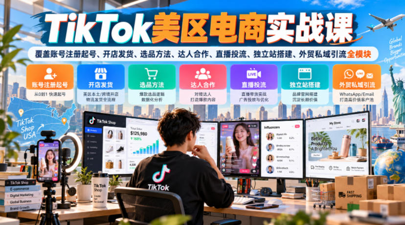 TikTok美区电商实战课，覆盖账号注册起号、开店发货、选品方法、达人合作、直播投流、独立站搭建、外贸私域引流全模块